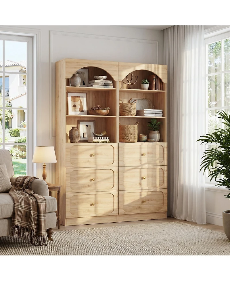 Aheaplus 2Piece Wooden Pantry Storage Cabinets with 3-Tier Open Shelves