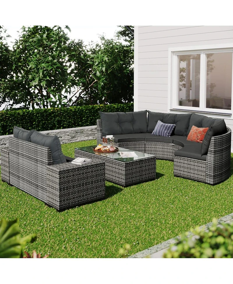 Asagikoiai 8-Piece Outdoor Wicker Half-Moon Patio Sectional Sofa Set with Coffee and Side Tables-Asagikoiai