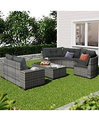 Asagikoiai 8-Piece Outdoor Wicker Half-Moon Patio Sectional Sofa Set with Coffee and Side Tables-Asagikoiai