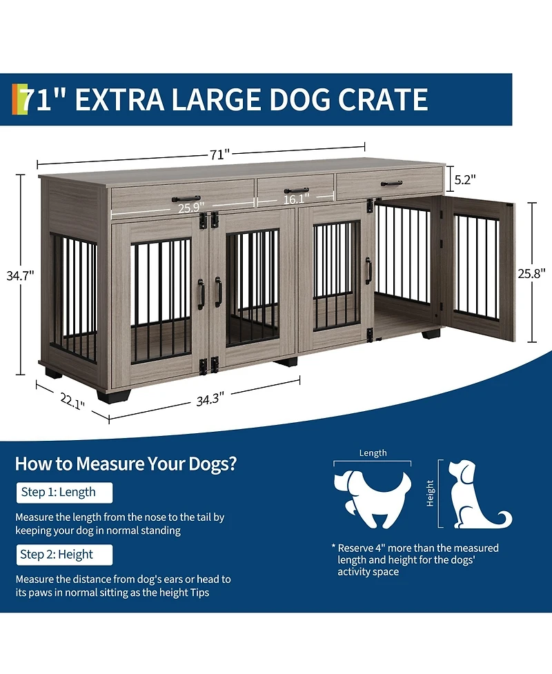 gaomon 71" Large Wooden Dog Crate Tv Stand for 2 Dogs, Indoor Furniture-Style Heavy Duty Kennel with Storage Drawers