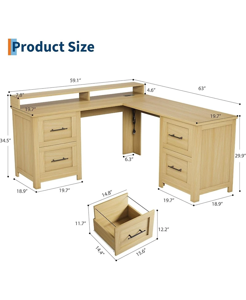 gaomon 63" L-Shaped Executive Desk with 4 File Drawers and Power Outlet – Large Corner Computer Desk with Monitor Stand, Home Office Desk, Wood Tone