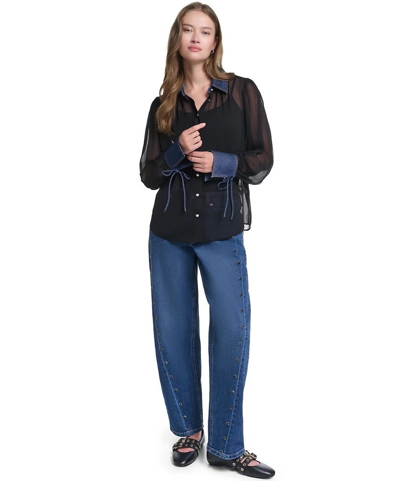 Karl Lagerfeld Paris Petite Collared Button-Front Blouse