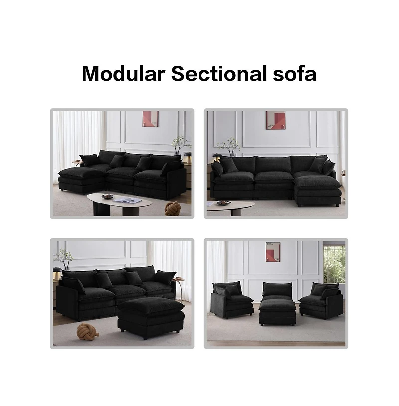 Rainsken 3 Seater L-Shaped Modular Sofa With Footstool, Upholstered Soft Chenille Fabric Sofa