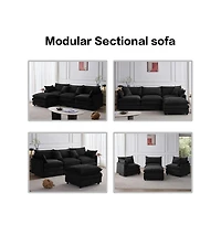 Rainsken 3 Seater L-Shaped Modular Sofa With Footstool, Upholstered Soft Chenille Fabric Sofa
