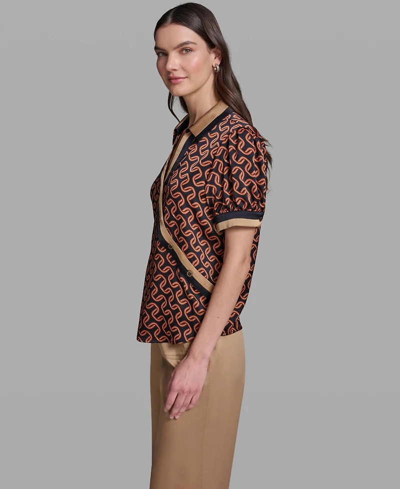 Karl Lagerfeld Paris Women's Geometric Print Satin Button-Front Blouse