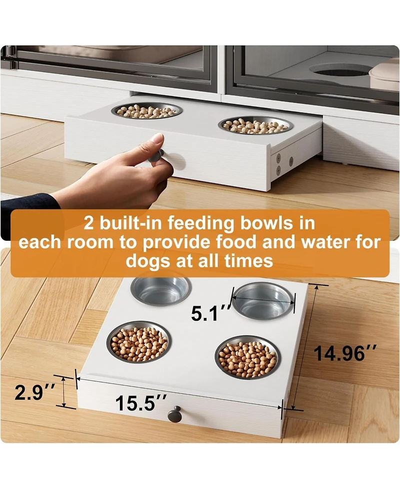 homfan Double Dog Crate Furniture for 2 Small/Medium Dogs with Drawers, Doors, Feeding Bowls, Wooden Indoor Kennel & Tv Stand