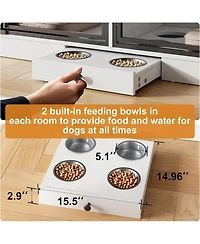 homfan Double Dog Crate Furniture for 2 Small/Medium Dogs with Drawers, Doors, Feeding Bowls, Wooden Indoor Kennel & Tv Stand