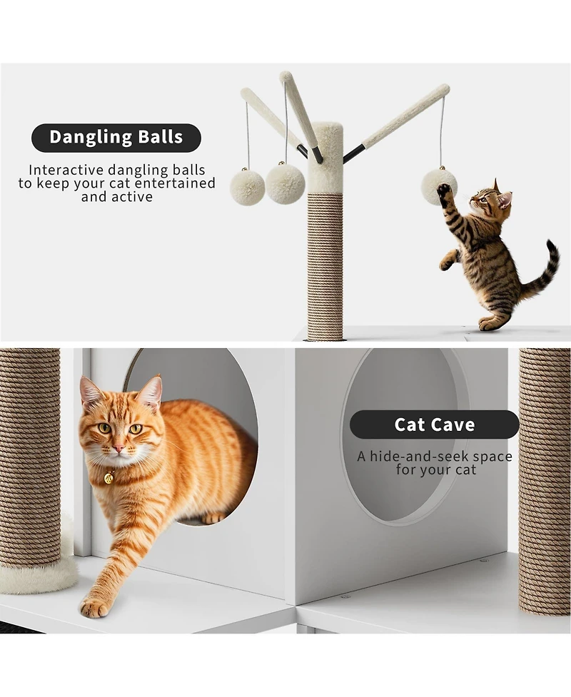 Homfan 2-in-1 Modern Cat House & Litter Box Enclosure with Tree, Hidden Washroom, Hammock, Scratching Posts Soft Perches