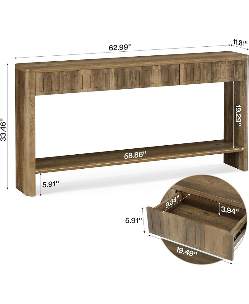 Tribesigns Farmhouse Console Table, Fluted Wood Entryway Table with 3 Drawers and Open Shelf for Behind Couch Living Room Hallway