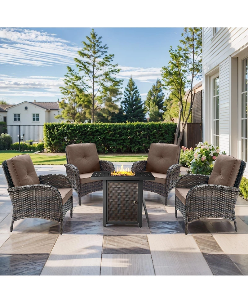 Pocassy Rattan Furniture Set with Fire Pit Table Sectional Sofas All Weather Wicker Conversation for Garden Backyard