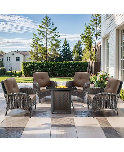 Pocassy Rattan Furniture Set with Fire Pit Table Sectional Sofas All Weather Wicker Conversation for Garden Backyard