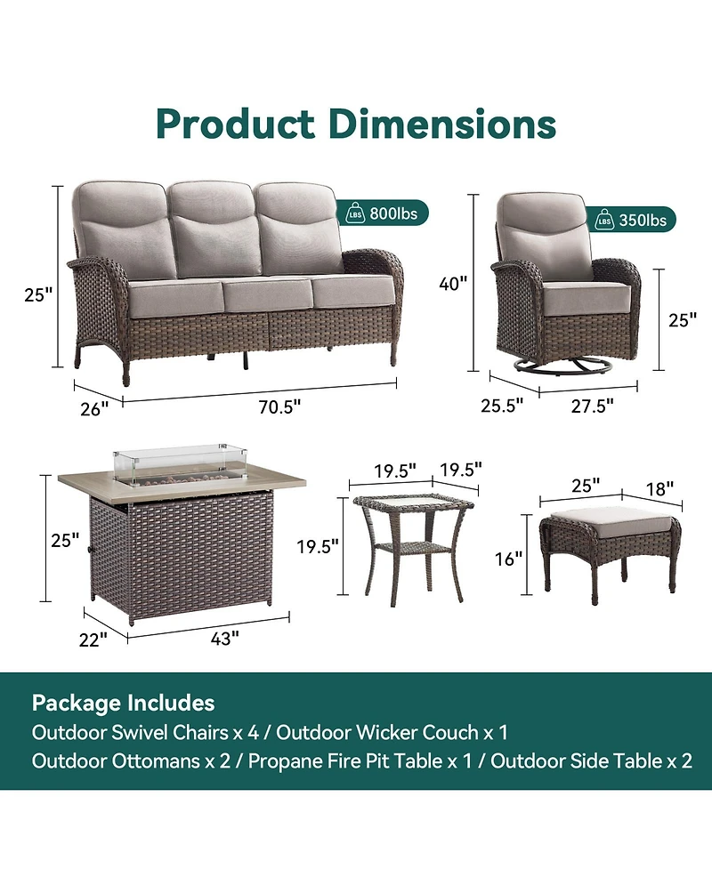 Pocassy 10 Pieces Patio Furniture Set, Outdoor Wicker Sofa Couch with Rocking Swivel Chairs Fire Pit Table, Modern Deep Seat Rattan Conversation Sets