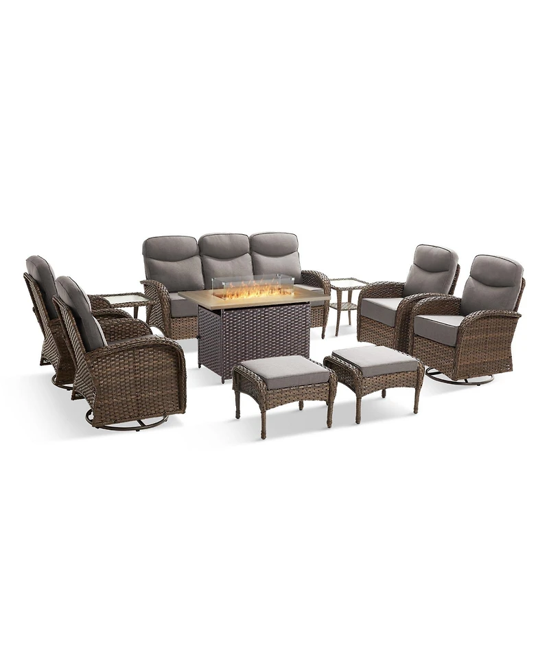 Pocassy 10 Pieces Patio Furniture Set, Outdoor Wicker Sofa Couch with Rocking Swivel Chairs Fire Pit Table, Modern Deep Seat Rattan Conversation Sets