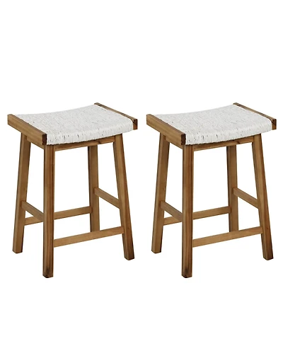 Costway Set of 2 25.5" Dining Saddle Stool Counter Height Seaweed Woven Seat Solid Wood