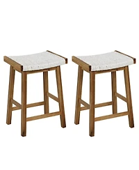 Costway Set of 2 25.5" Dining Saddle Stool Counter Height Seaweed Woven Seat Solid Wood