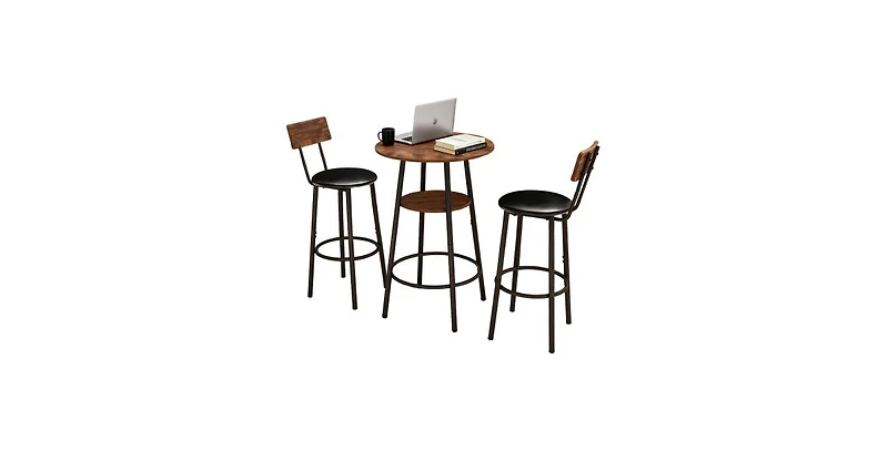 Flynama 3-Piece Round Bar Table Set with 2-Tier Storage and Pu Stools for Small Corner