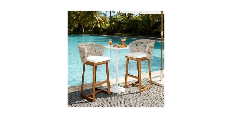 Flynama Set of 2 Outdoor Acacia Wood Bar Stools, Teak Finish with Cushion and Wicker Back