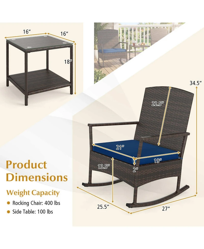 Gouun 3-Piece Wicker Rocking Patio Set with Double-Layer Table