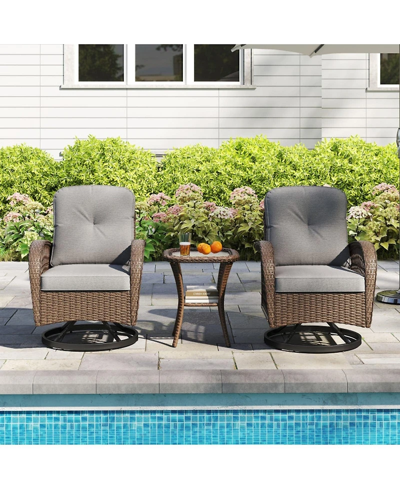 Sugift 3-Piece Patio Swivel Rocker Set with Tempered Glass Side Table and Thick Cushions