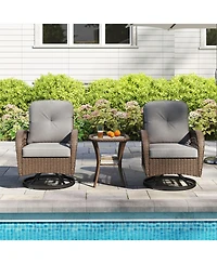 Sugift 3-Piece Patio Swivel Rocker Set with Tempered Glass Side Table and Thick Cushions