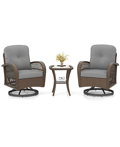 Sugift 3-Piece Patio Swivel Rocker Set with Tempered Glass Side Table and Thick Cushions