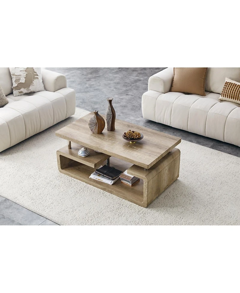 Streamdale Furniture Mdf Coffee Table with Carved Wood Grain and Multi-Storage Compartments