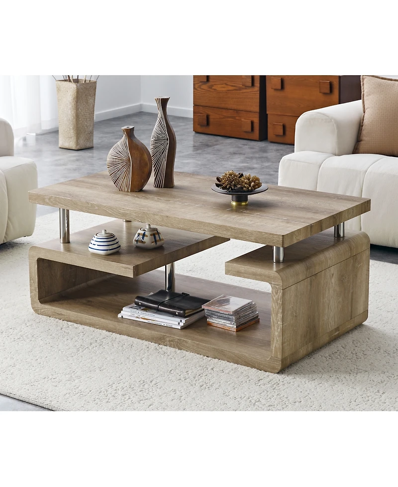 Streamdale Furniture Mdf Coffee Table with Carved Wood Grain and Multi-Storage Compartments