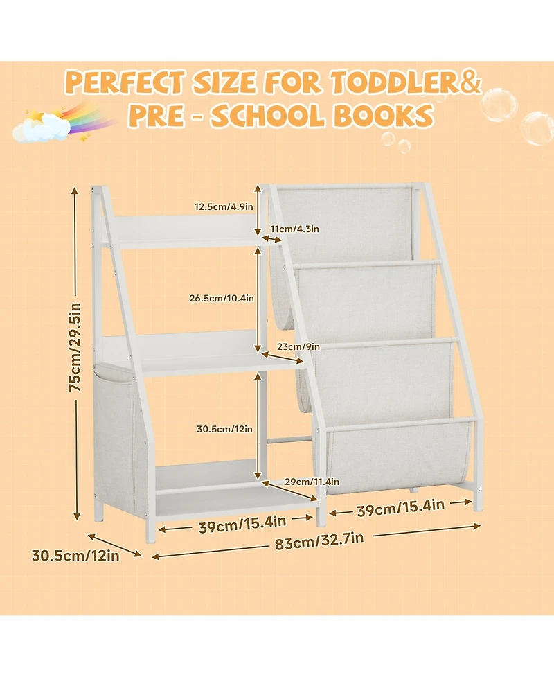Flynama Montessori Kids Bookshelf Wooden Fabric Combined Anti-Tip Toddler Nursery Book Toy Storage Rack