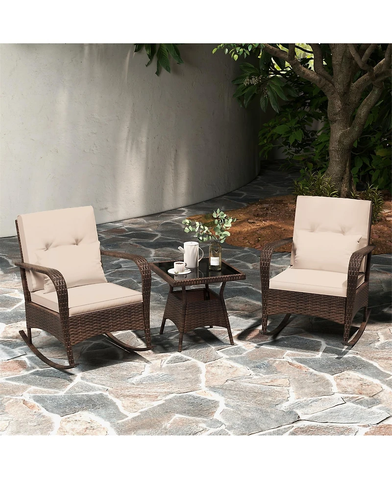 Gymax 3Pieces Outdoor Rocking Set Rattan Rocker Chairs w/ Tempered Glass Coffee Table Wicker Rocker Set