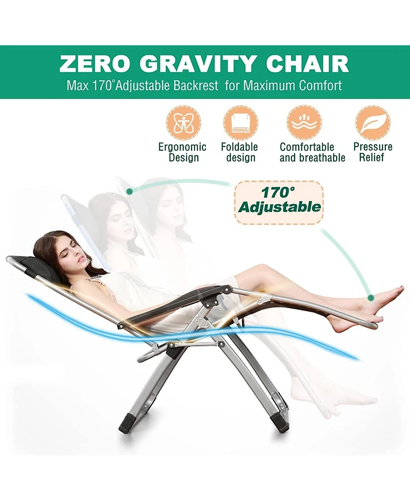 Aboron Zero Gravity Chair, Folding Portable Reclining Lounge Chair with Removable Cushion, Headrest, Patio Lounger for Indoor,Outdoor