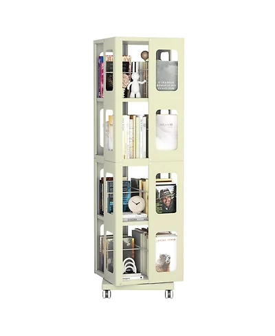 Flynama 4-Tier All-Steel 360 Degree Rotating Bookshelf with Universal Wheels Space-Saving Sturdy Household Book Display Rack