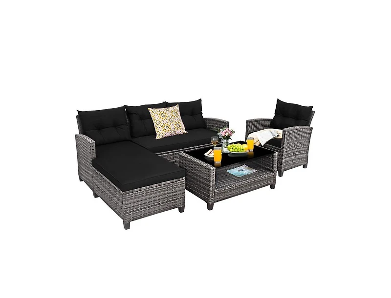 Mondawe 4 Pieces Patio Rattan Sofa Furniture Set with Cushion and 2-Tier Table