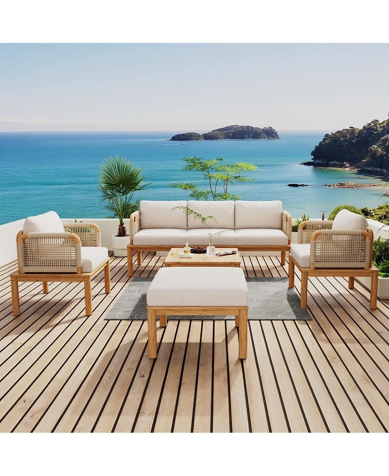 Asagikoiai 5-Piece Acacia Wood Outdoor Conversation Sofa Set with Rope Weave and Waterproof Cushions