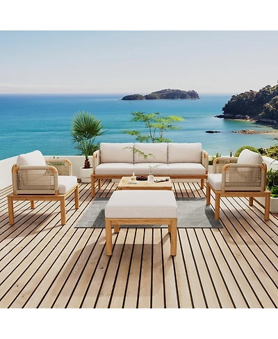 Asagikoiai 5-Piece Acacia Wood Outdoor Conversation Sofa Set with Rope Weave and Waterproof Cushions