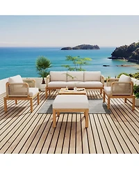 Asagikoiai 5-Piece Acacia Wood Outdoor Conversation Sofa Set with Rope Weave and Waterproof Cushions