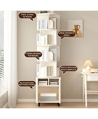 Flynama 5-Tier Rotating Bookshelf with Double Door Drawer, Slim Wooden Corner Storage Cabinet for Home