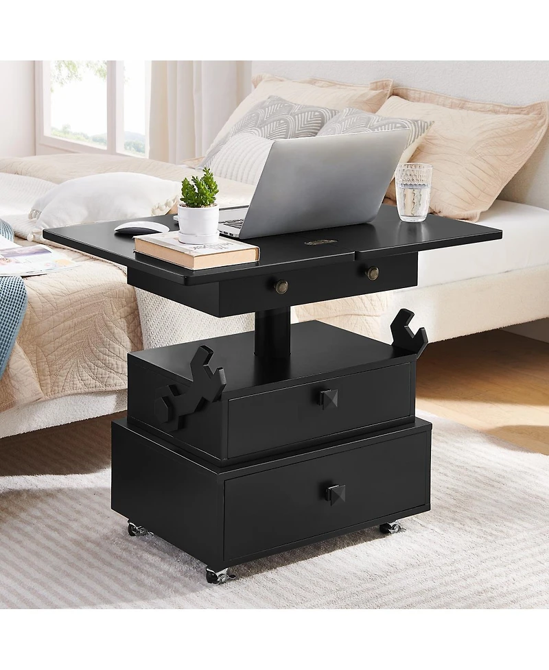 Streamdale Furniture High-Gloss Adjustable Rolling End Table with Charging Station and Storage