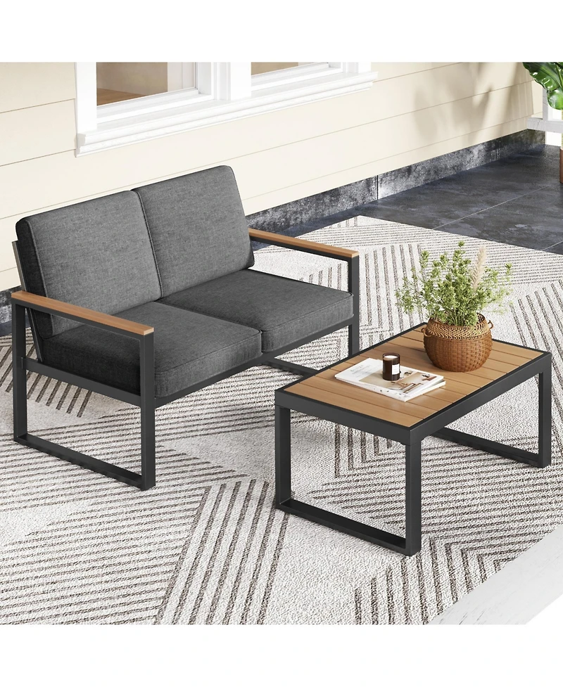 Sugift 2-Piece Aluminum Patio Loveseat Set with Wood-Plastic Armrests and Coffee Table