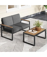 Sugift 2-Piece Aluminum Patio Loveseat Set with Wood-Plastic Armrests and Coffee Table