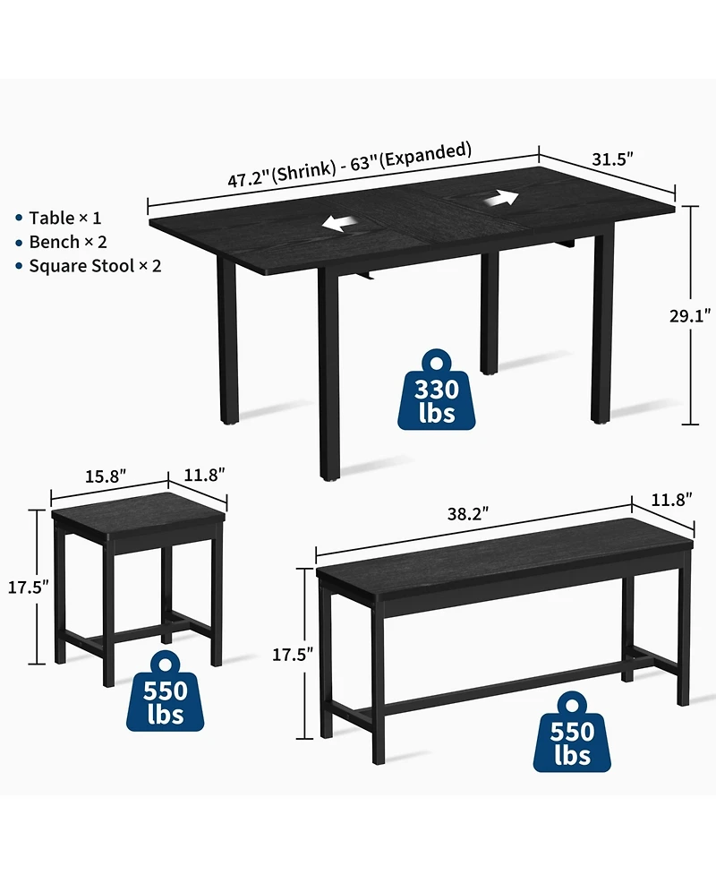 Homfan Extendable Dining Table Set with Hidden Tuck Seating, Safety Lock and Reinforced Metal Frame Space Saving Kitchen Room