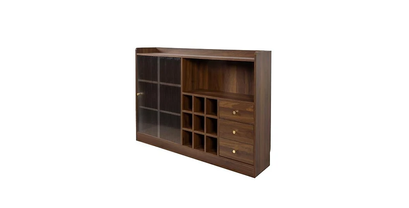 Flynama Double Sliding Striped Glass Door Sideboard Wooden Freestanding Storage Cabinet Wine Cabinet For Home Garage Use