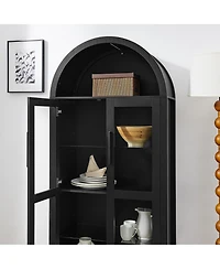 Flynama High Arched Led Light Storage Cabinet Mdf Poplar Wood Adjustable Glass Partition Multi-Functional Home Display Cabinet
