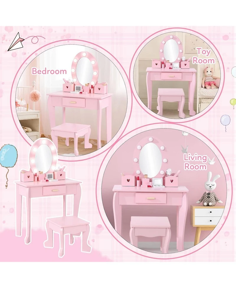 gaomon Toddler Lighted Vanity and Stool Set, Perfect Gift Girls Makeup Pretend Play Table