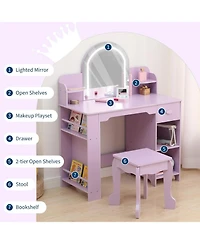 gaomon 2-in-1 Kids Vanity Set, Lighted Mirror Table with Stool, Bookshelf and Makeup Palette Kit