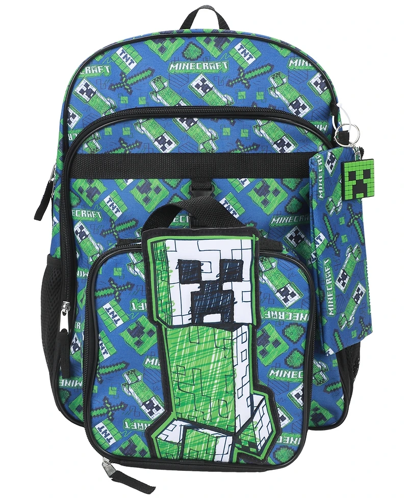 Minecraft Boys' and Girls' All Over Print Backpack, Lunch Kit, Keychain and Pencil Case, 4-Piece Set