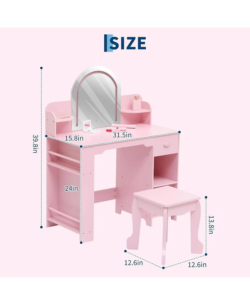 gaomon 2-in-1 Kids Vanity Set, Lighted Mirror Table with Stool and Storage Bookshelf
