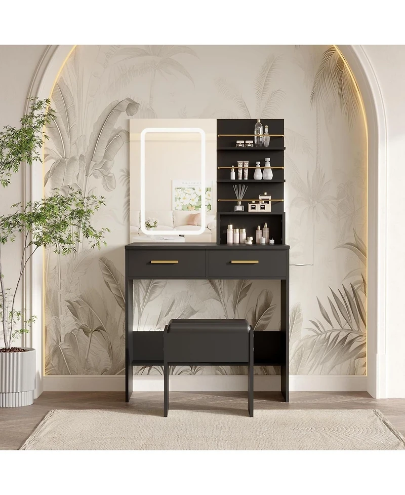 gaomon 2-Drawer Lighted Vanity Set, Makeup Desk with Open Storage Shelves and Led Mirror