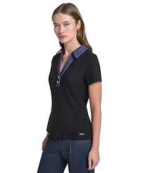 Karl Lagerfeld Paris Petite Collared Short-Sleeve Pull-On Top
