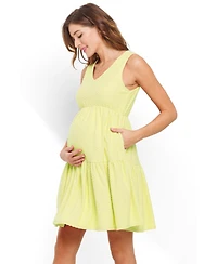 Hello Miz Women's Maternity Swiss Dot Sleeveless Tiered Dress with Pockets