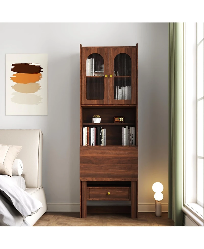 Flynama Fold Out Convertible Writing Table Multi-Functional Cabinet with Shelf Drawer Space Saving Home Office Desk